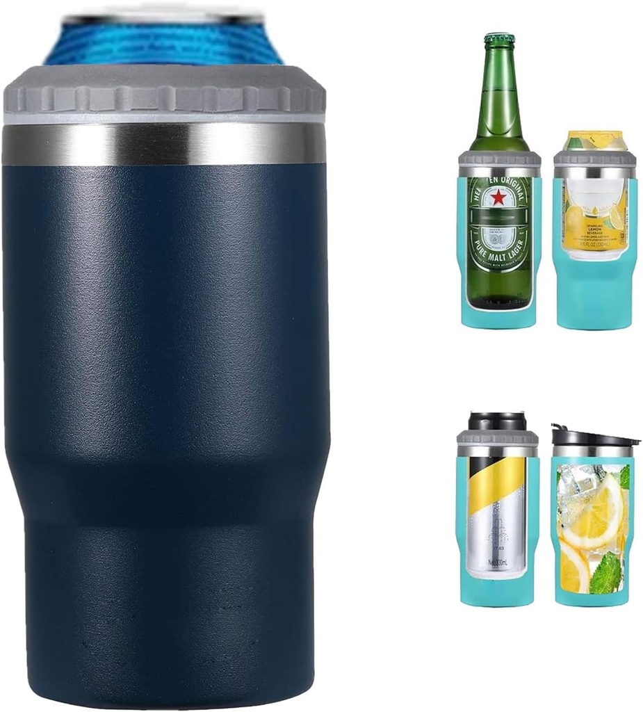 4 in 1 Stainless Steel Can/Bottle Insulator, 14oz Two-Way Lids SUS Insulated Can Cooler, Beer Bottle holder (Dark blue)