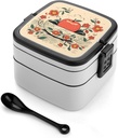 Hand Drawn Fruits Bento Box Adult Lunch Box All-in-One Lunch Containers with Removable Compartments Double Layer Bento Lunch Box with Spoon And Handle Stackable Lunchbox