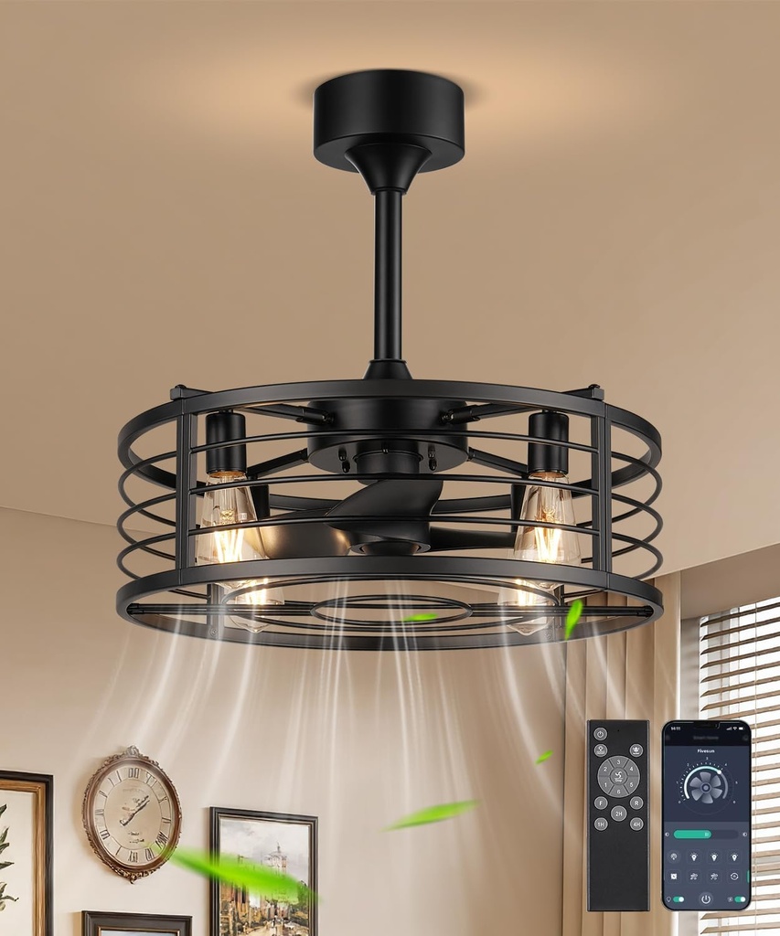 20" Caged Ceiling Fans with Lights and Remote, Fandelier Farmhouse Industrial Fan Lights Ceiling Fixtures Small Ceiling Fan with 6 Speeds and Timing for Kitchen, Bedroom, Outdoor-Black