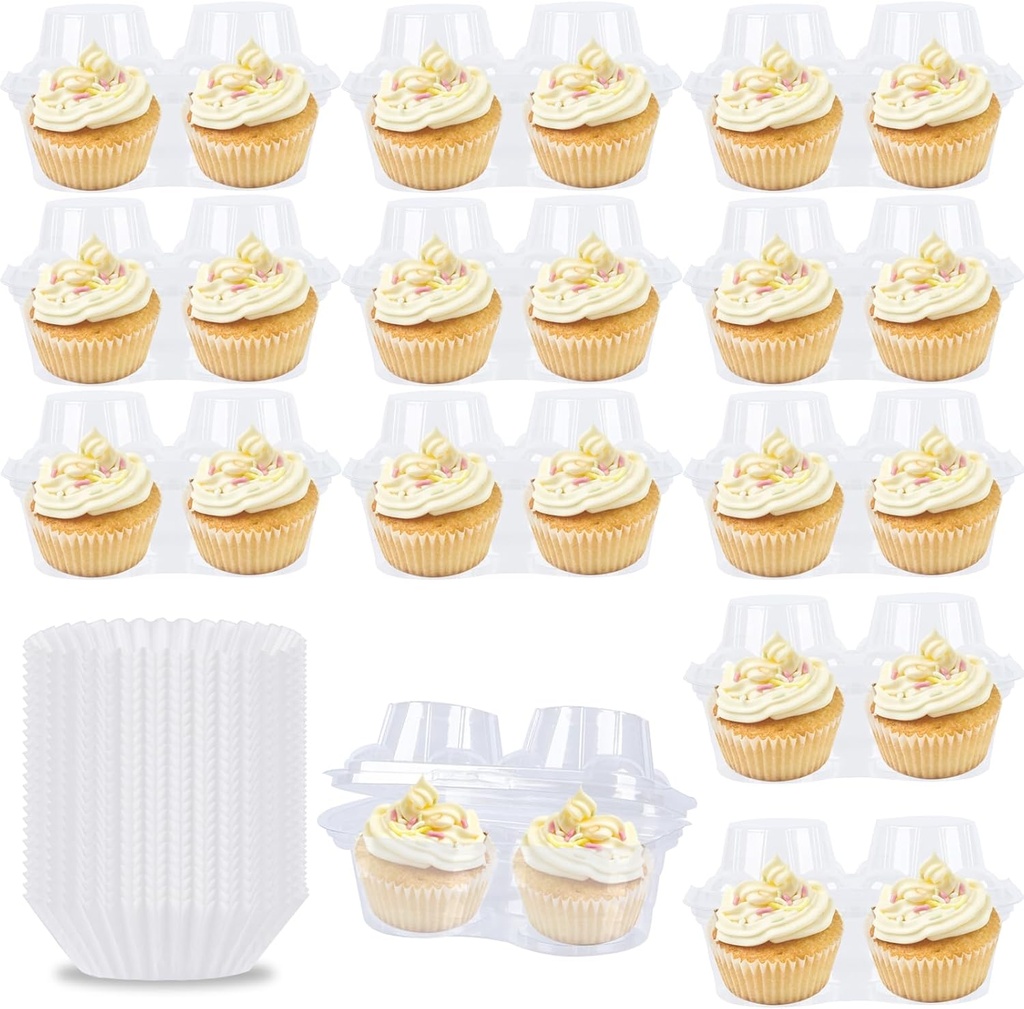 50 Pcs 2 Cavity Cupcake Boxes with Lid, 150 Pcs Mini Baking Cups, Clear Stackable Cupcake Carrier Holders, Airtight Plastic Containers for Muffins, 6.6 x 3.9 x 3.5 Inch