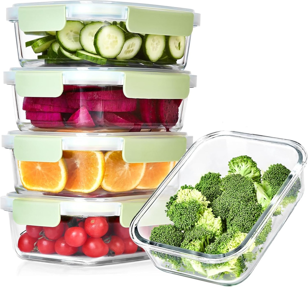 5 Pack 36 OZ Glass Food Storage Containers, Glass Meal Prep Containers with New Push Hole Design, Airtight Lunch Containers with Lids, Microwave, Oven, Freezer and Dishwasher Safe