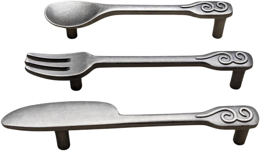 15 pcs Antique Silver Kitchen Cabinet Handles with 3 3/4 inch Hole Centers, Spoon, Fork, Knife Design for Drawers, Cabinets, Pantry Doors