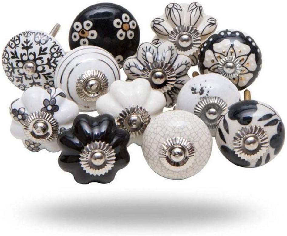 Set of 20 Assorted Vintage Black and White Cream Hand Painted Ceramic Pumpkin and Round Knobs Cabinet Drawer Handles Pulls (WOTT)… (10 pcs)
