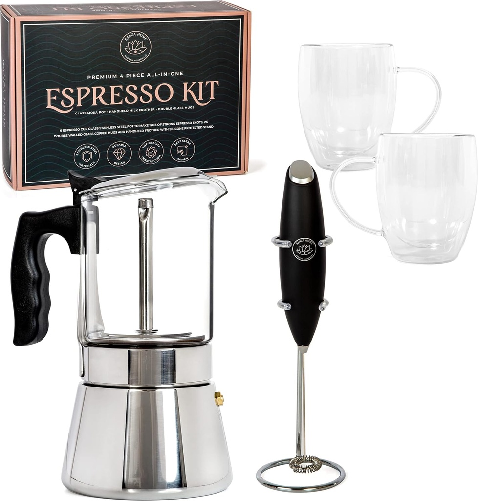 Moka Pot Stovetop Espresso Maker Set, With 9 Cup Coffee Percolator Pot, 2x Glass Coffee Mugs (12oz) and Milk Frother for Coffee. Stove Top Cafetera Greca, Cuban or Italian Coffee Maker