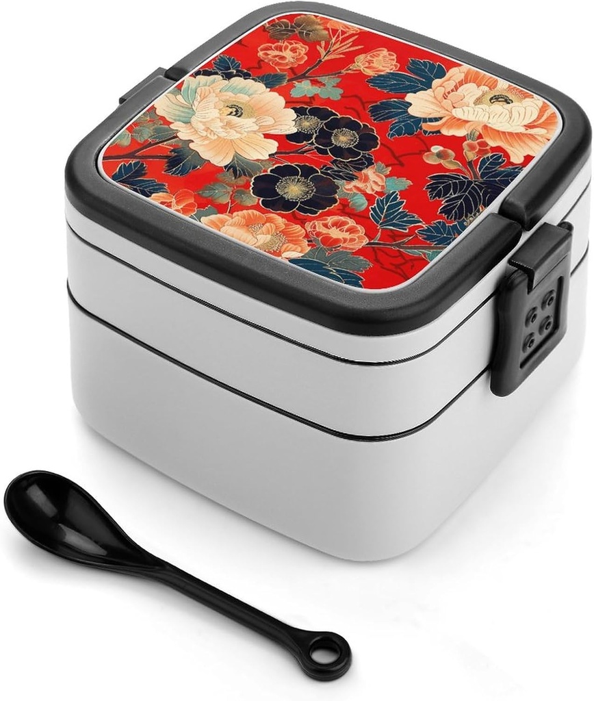 Deep Red Flower Pictures Bento Box with Compartments Double Layer Bento Lunch Box with Spoon And Handle All-in-One Adult Lunchbox Leakproof Lunch Container for Work Picnic Travel