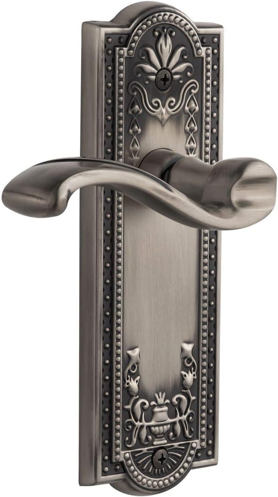 Grandeur PARPRT_PSG_234 Parthenon Solid Brass Rose Right Handed Passage Door Lever Set with Portofino Door Lever Set and 2-3/4" Backset - Antique Pewter