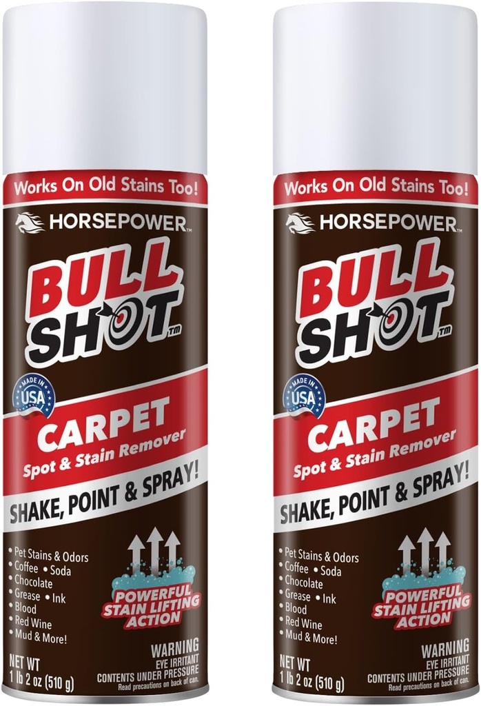 Horsepower Bull Shot Carpet Spot & Stain Remover by Horsepower, AS SEEN ON TV, Made In USA, Just Point & Spray, Stain-Lifting Foam-Action, Pet Stains & Odors, Coffee, Soda, Wine, Stains, 2 Pack
