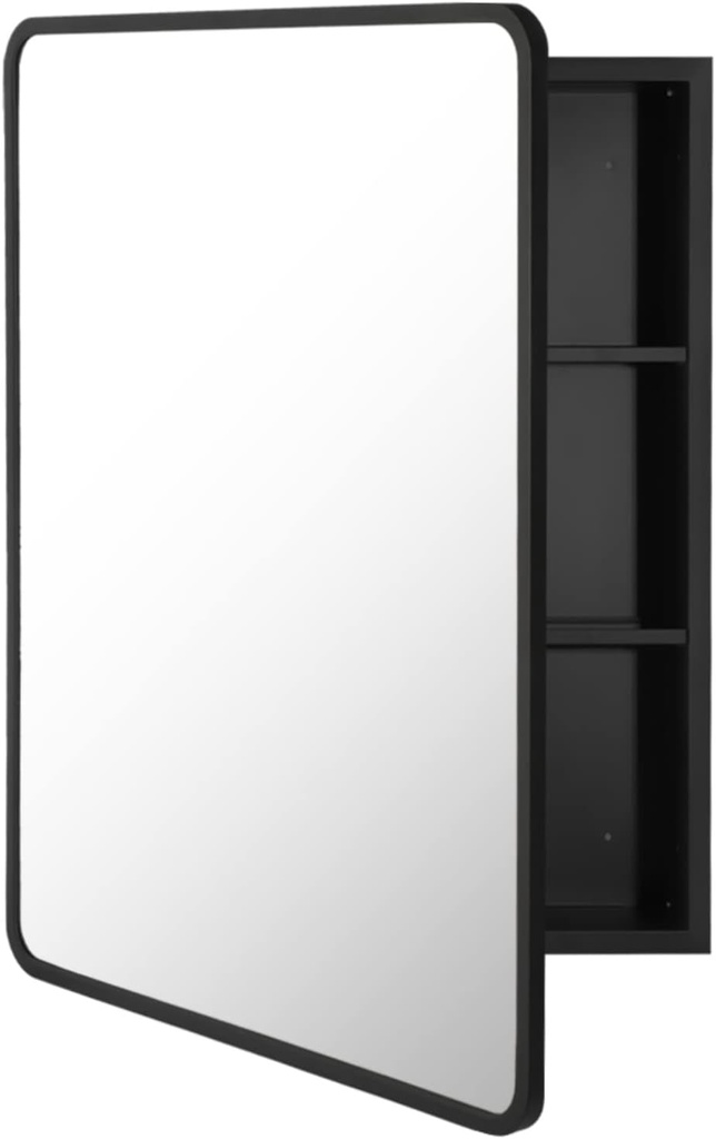 Movo Medicine Cabinet with Mirror, 20 Inch x 28 Inch Farmhouse Black Metal Framed Rectangle Bathroom Mirror Cabinet, Recess or Surface Mount