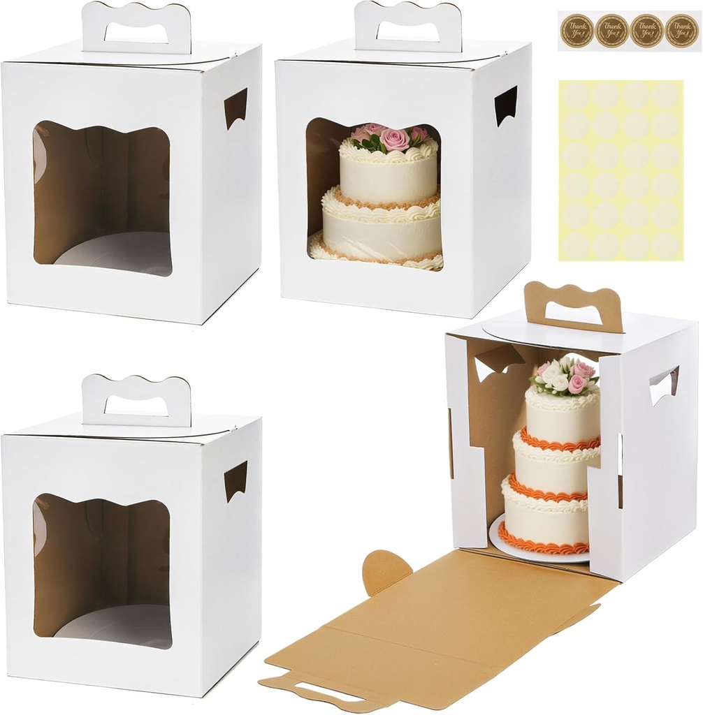Nicunom 4 Pack Tall Cake Boxes for Tier Cakes, 10x10x12 In Disposable Layer Tall Cake Baking with Window Take Out Cakes Transport Container Bakery Cake Carrier with Handle for Wedding Birthday Party