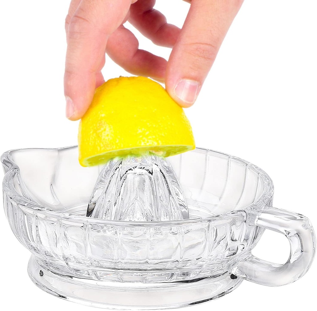 DULRLLY Manual Lemon Squeezer, Citrus Juicer Reamer with Handle and Pour Spout, Clear Glass Orange Juice Extractor for Lemon Lime Home Kitchen Bar Gadget