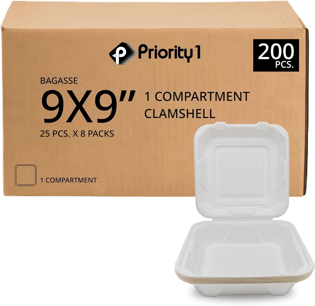 Priority1 Paper 9 x 9 Inch - 1 Compartment, 200 Pack Disposable Clamshell Take Out Food Containers, Hinged Lid, Eco Friendly Boxes for Restaurant and Events