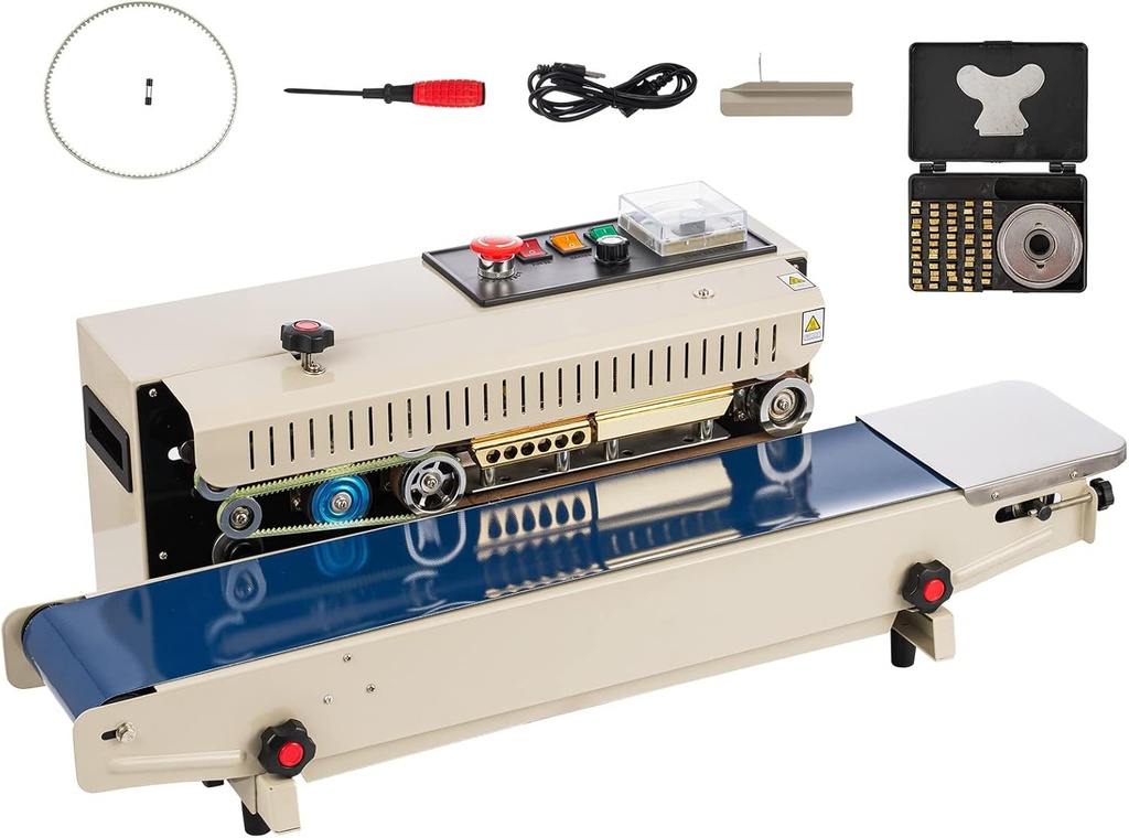 Continuous Band Bag Sealer FR900 - Adjustable Speed/Seal Width and Temperature - Auto Continuous Sealing Machine for 0.02-0.08 mm Plastic Bags with Printing Function