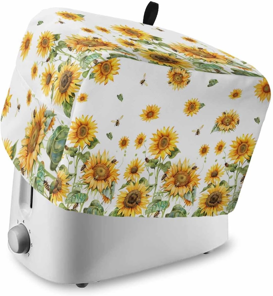 Orange Sunflower Toaster Cover 2 Slice, Kitchen Appliance Covers with Pocket & Loop, Retro Country Bee Watercolor White Polyester Bread Machine Covers Dust & Fingerprint Protection