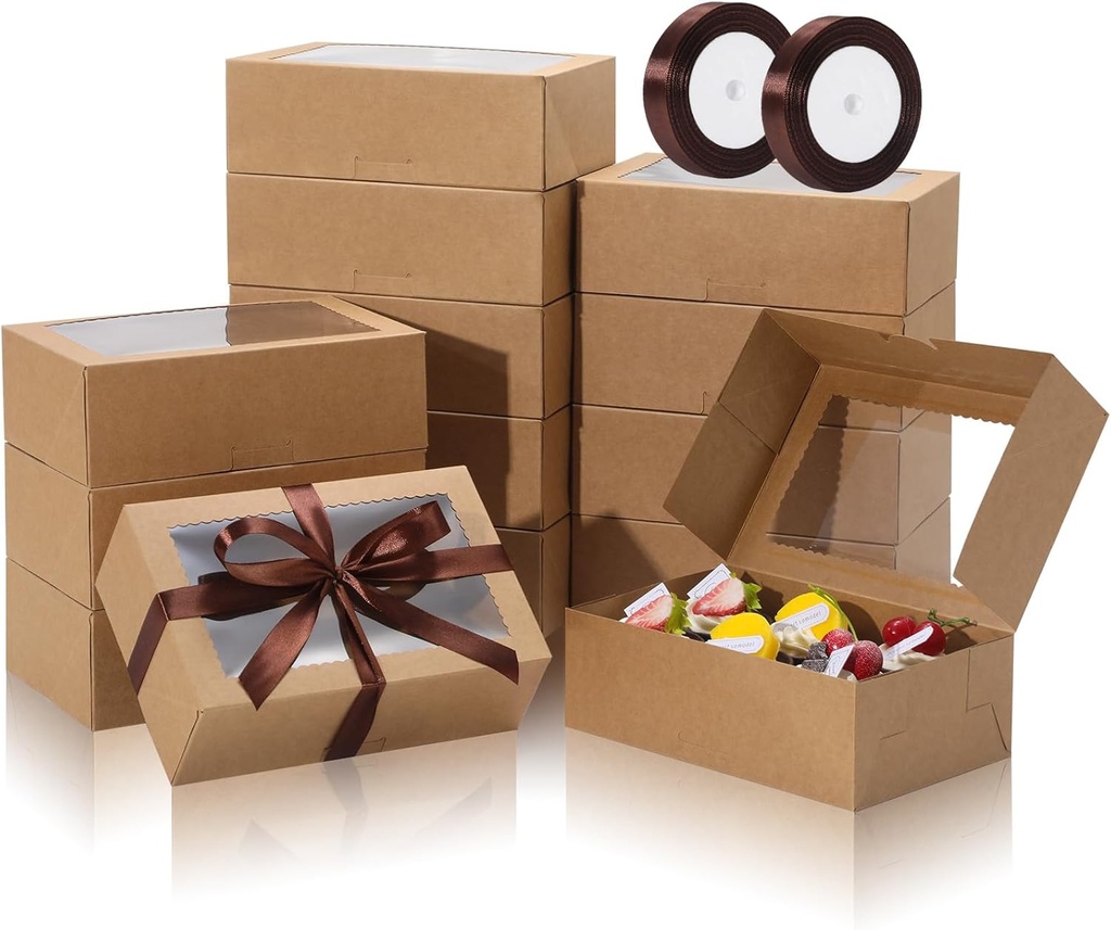 COTOPHER 30Pcs Cookie Boxes with Ribbons, 9x6x3 Inch Bakery Boxes with Window, Brown Treat Containers for Pastries, Chocolate Covered Strawberries, Dessert, Easter Candy, Muffins, Donuts
