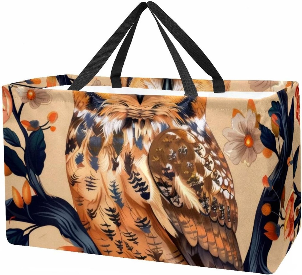Reusable Grocery Bag Owl on Branches Pattern Large Stand Up Tote Shopping Bag with Reinforced Handles