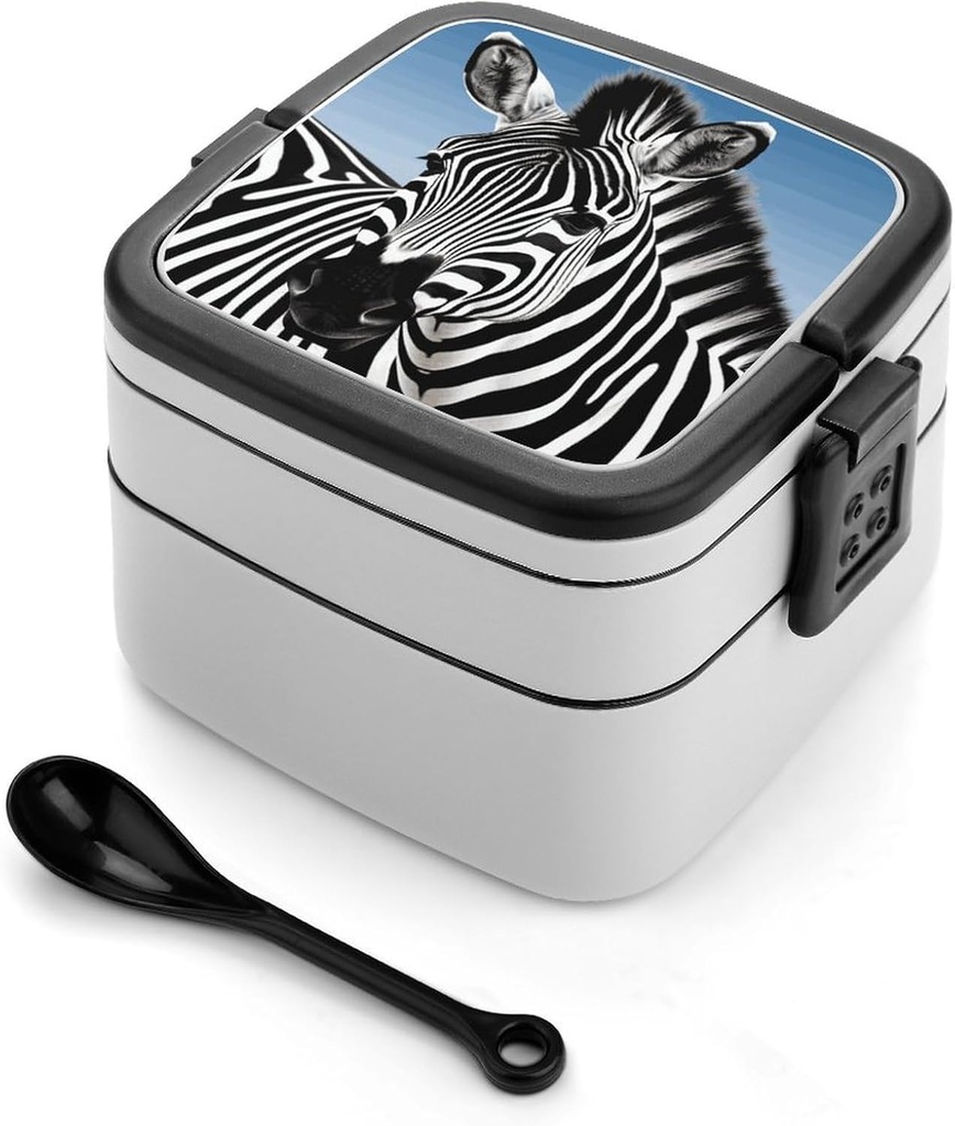 Stackable Double-Layer Bento Box Zebra Adults Lunchbox With Spoon Cute Japanese Bento Box Dishwasher Safe for Work Travel Dining Outc
