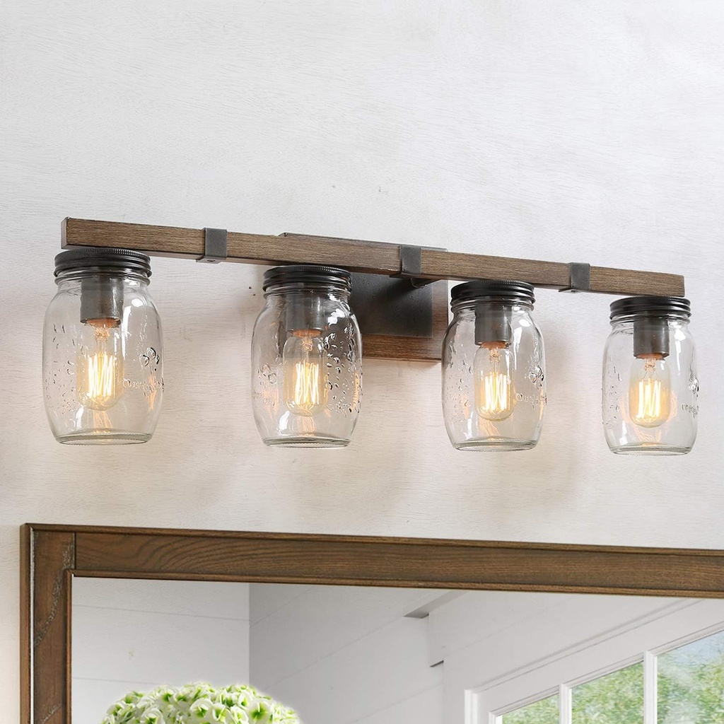 LNC Rustic Bathroom Light Fixtures Farmhouse Vanity Lighting with Mason Jar Glass, Wooden Finished, 29 inches, Brown, 4-Light , White