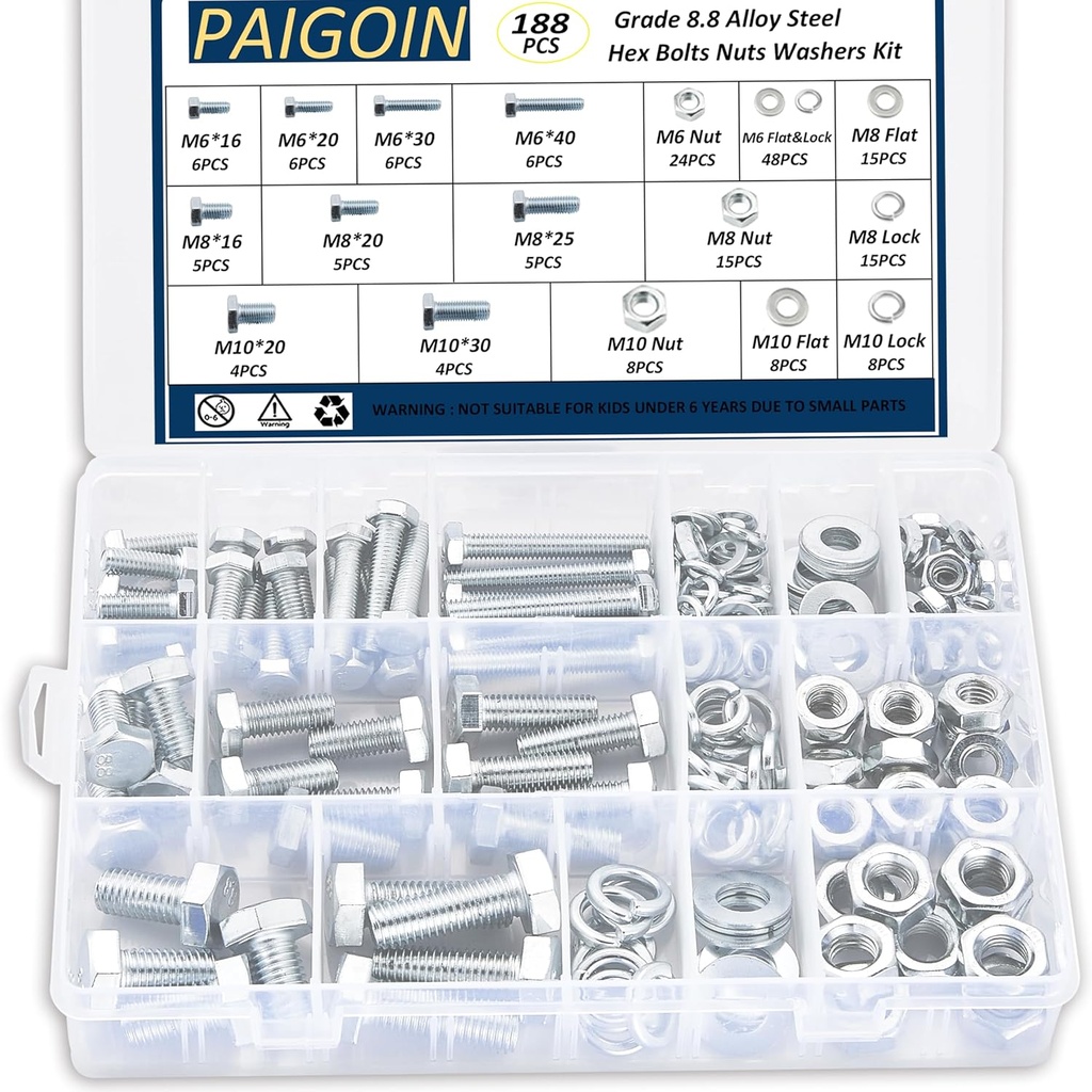 188Pcs Metric Nuts and Bolts Assortment Kit,M6 M8 M10 Heavy Duty Hex Bolts Hardware Nuts with Flat/Lock Washers Assorted,Grade 8.8 Bolt and Nut Kit