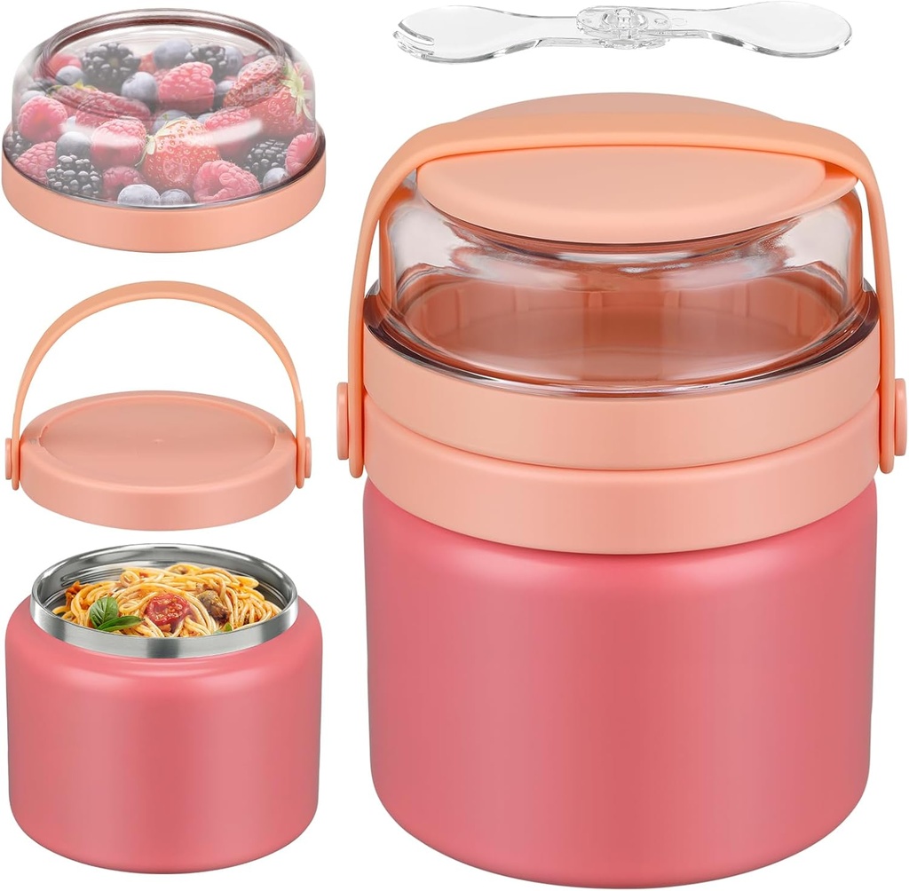 2-in-1 Insulated Thermo for Hot Food with Tritan Snack Box Container 13.5oz Food Jar for Kids Lunch Container Soup Thermal with Spoon Stainless Steel Wide Mouth Vacuum for School Office Travel
