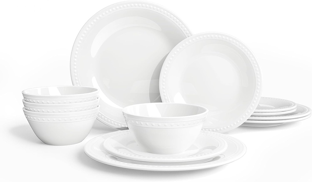 Basic White Melamine Dinnerware Sets,12 Pieces Dishes Set, Lightweight Unbreakable, BPA Free,Kitchen Plates and Bowls set, Indoor Outdoor Dining,Dishwasher Safe, Not Microwave