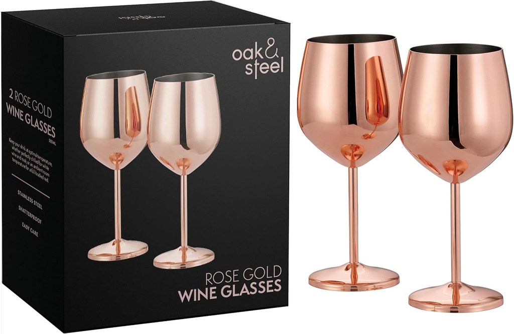 Oak & Steel - 2 Rose Gold Stainless Steel Wine Glasses (18 Oz) Unbreakable Metal Wine Glasses, Wine Goblets with Gift Box for House Warming, Valentines, Anniversary