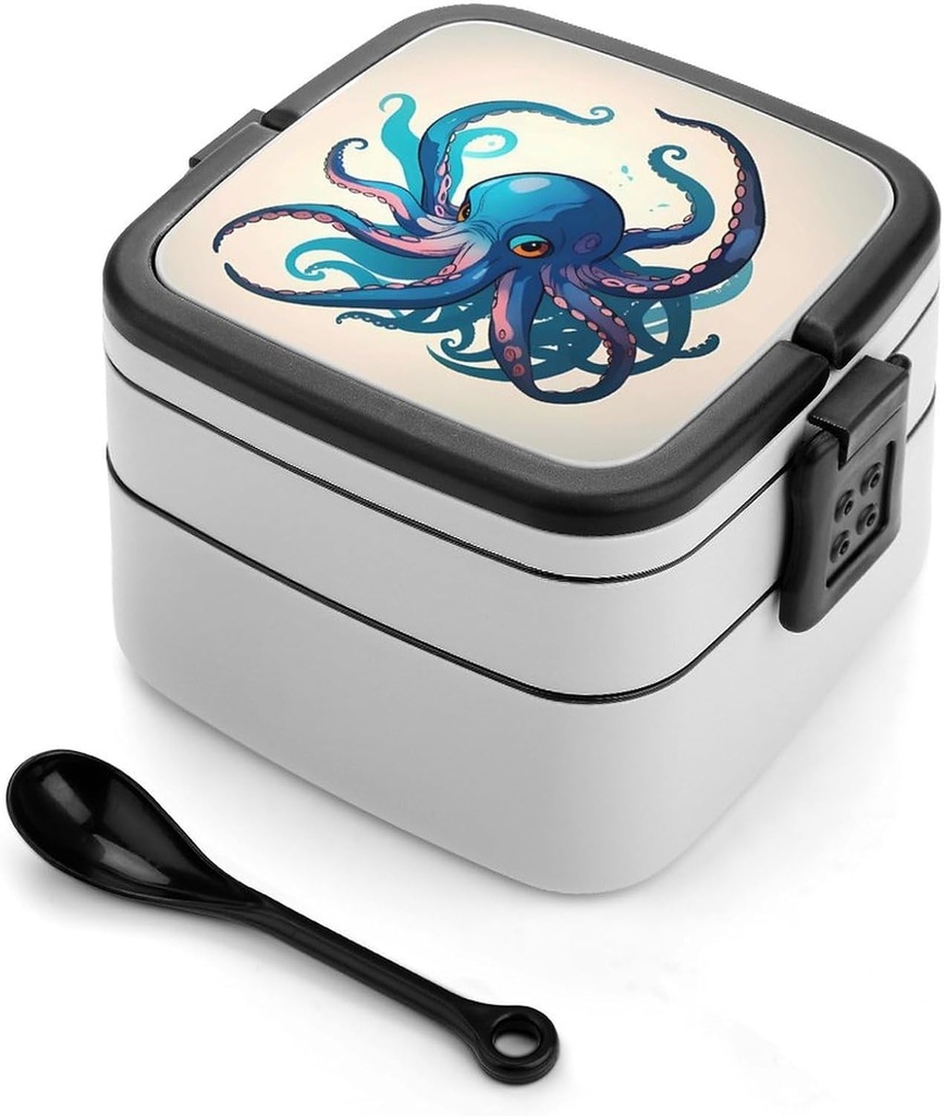 Blue And Purple Octopus Bento Box Double-Layer Bento Lunch Container with Spoon And Invisible Handle Adult Leak-Proof Lunchbox for Dining Out Work Picnics Travel