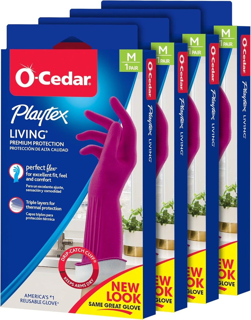 O-Cedar Playtex Gloves Living Reuseable Rubber Cleaning Gloves, Premium Protection, Size - Medium (1 Pair) - 4 Pack