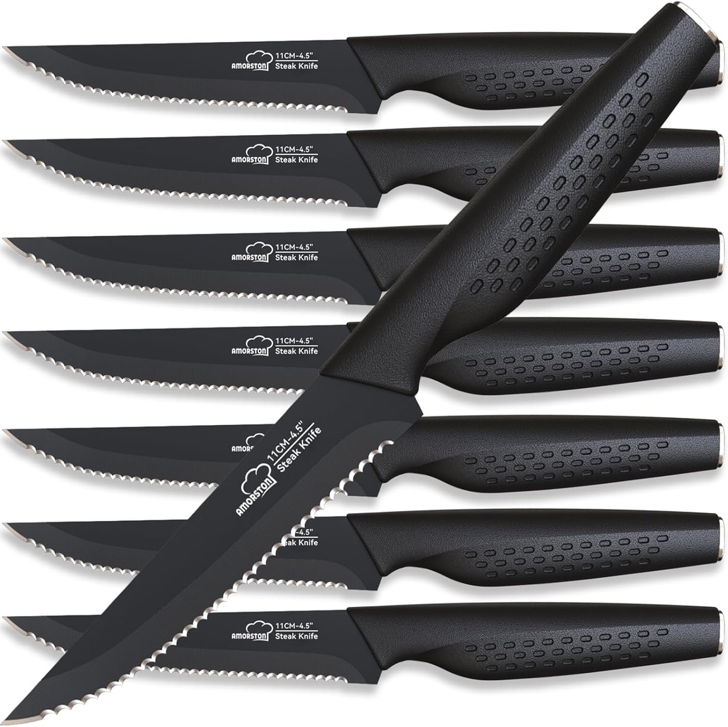 Amorston Steak Knives, Steak Knives Set of 8, Stainless Steel Steak Knife Set, Serrated Knives Dishwasher Safe, Elegant Black