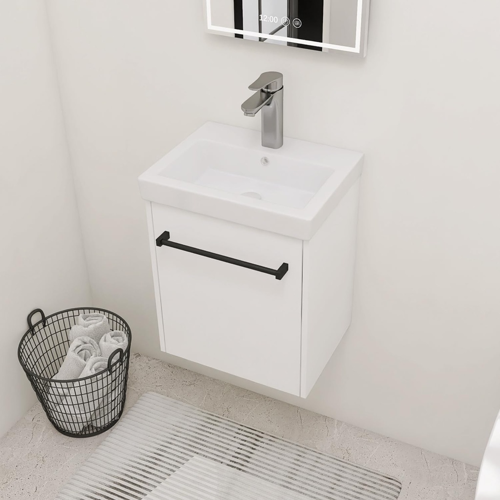 18" Bathroom Vanity with Ceramic Sink, 18 inch Floating Bathroom Vanity for Small Space, White Wall Mounted Cabinet Set, Single Sink Bathroom Cabinet Combo