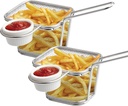 Stainless Steel Square Deep Fryer Basket with Ceramic Dipping Bowl, Perfect for Serving Fried Delights Such as French Fries, Onion Rings, Chicken Wings and BBQ Items (2 Pack)
