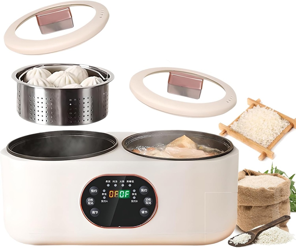 Double Spelling Low Sugar Rice Cooker, 1.8L+1.8l Double Slow Cooker, Timer and Keep Warm Function, for Cooking Porridge