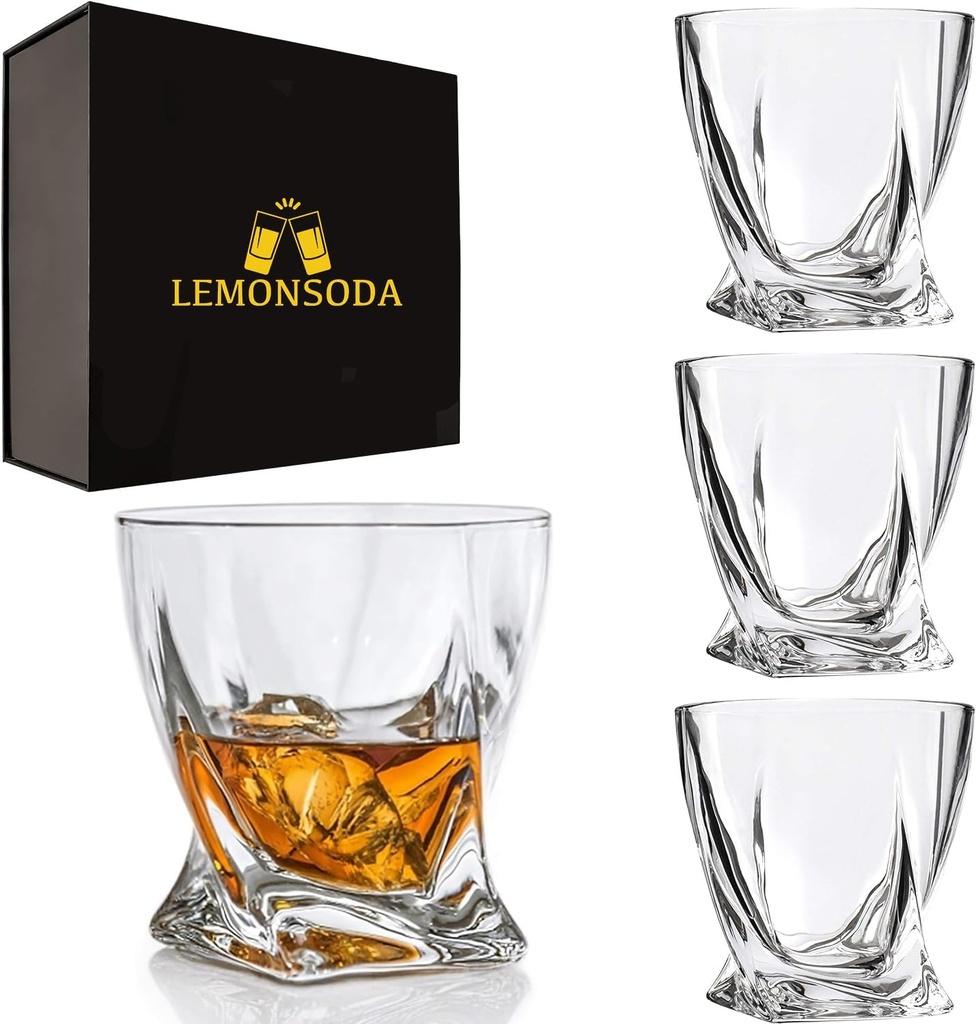 LEMONSODA Premium Twisted Glasses - Set of 4 - Elegant Whiskey Glasses for Scotch, Single Malt - Old Fashioned Glass Set in Gift Box - Rocks Whiskey Tumblers - Home Bar Glassware (Set of 4)