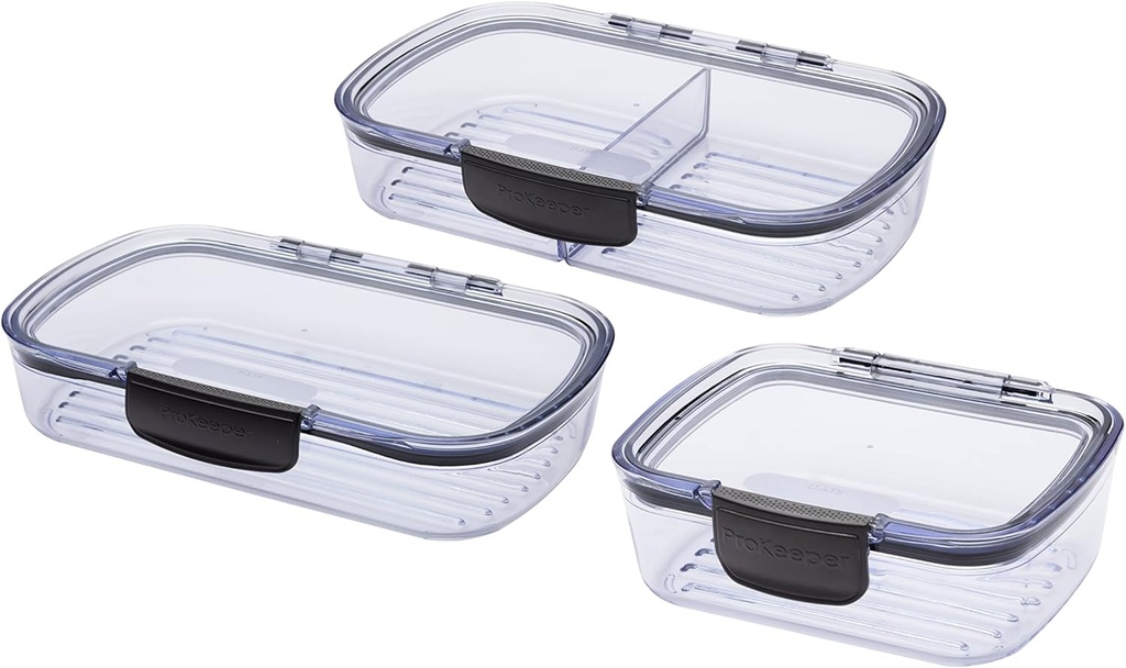 Progressive Prokeeper + Deli Storage Set: Air-Tight Silicone Sealed Containers w Grooved Bottom, Dry Erase Lid, BPA-Free, Stackable, Keeps Meats & Cheeses Fresh Longer, 3-Piece Set (1.65L, .69L, 1.6L)