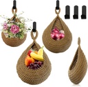 Hanging Fruit Baskets for Kitchen - Handwoven in 3 Sizes Boho Wall Hanging Basket with 3 Hooks, Bohemian Teardrop Jute Hanging Holder for Fruits Vegetable Potato Onion Storage