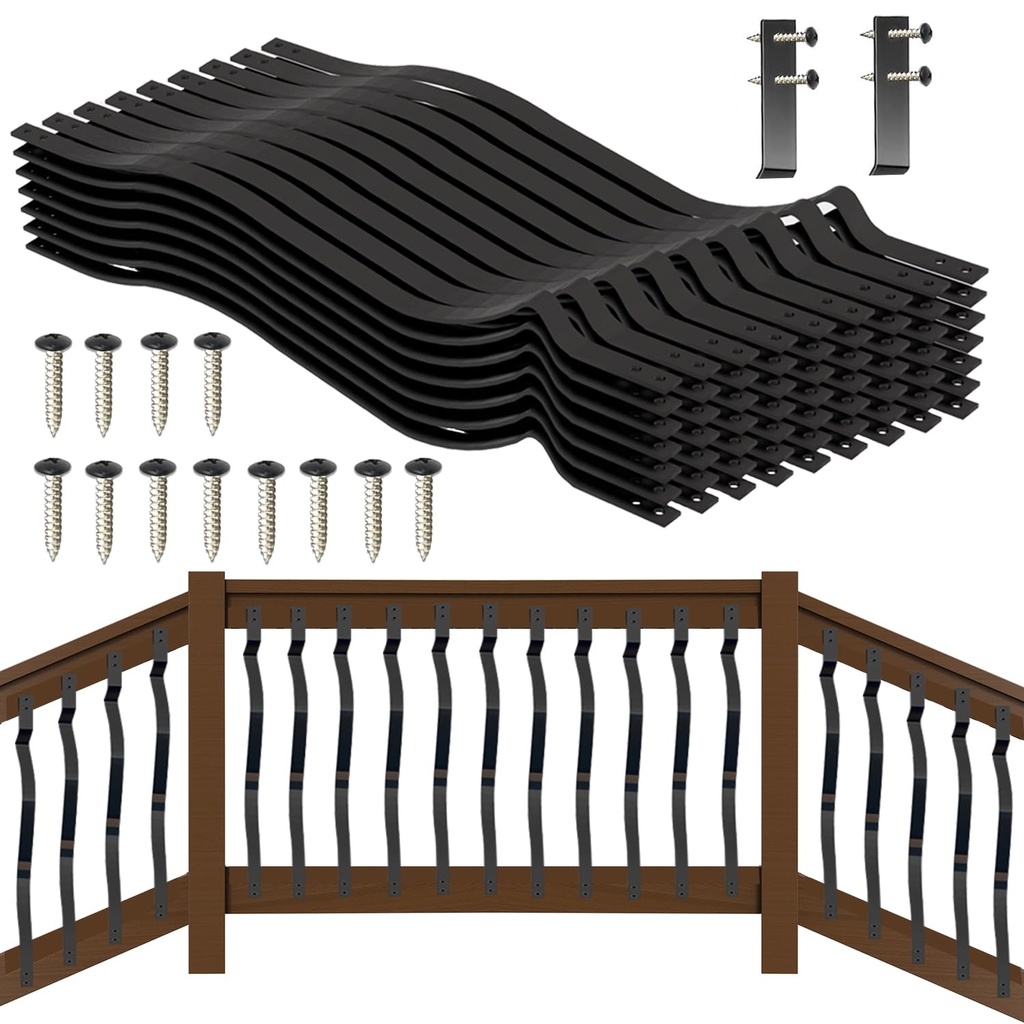 Hypergiant Iron Deck Balusters 60Pack 32-1/4 Inches Heavy Duty Deck Spindles Balusters with Stainless Steel Screws,Outdoor Metal Wave Arc Baluster Deck Spindles Black