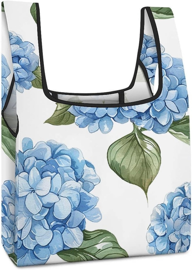 Blue Hydrangea Pattern Reusable Grocery Bags Foldable Shopping Bag Foldable Pattern Grocery Bags in Pocket