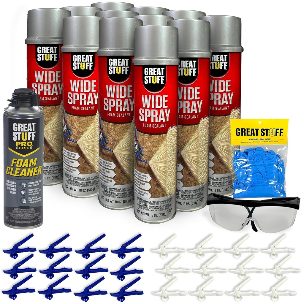 Great Stuff Wide Spray Foam Insulation Kit – Closed Cell Polyurethane Expanding Sealant for Indoor & Outdoor Use – 12 Pack, 18 oz Cans with Nozzles, Gloves, Safety Glasses