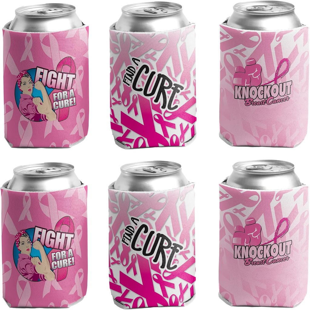 VictoryStore Breast Cancer Awareness Can Coolers – Set of 6, 3 Inspirational Designs, Foam Insulated Drink Sleeves for 12-16oz Cans & Bottles