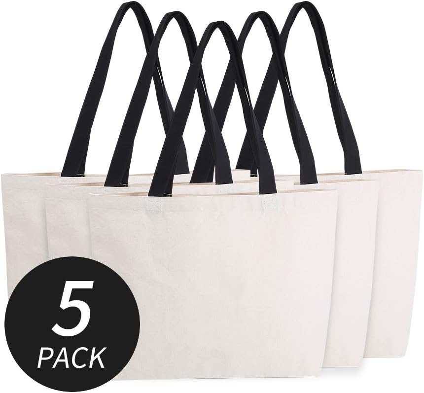 Azuca Reusable Grocery Canvas Bags with Inner Pocket Large Beach Shopping Heavy Duty 12 oz Tote Multi Purpose Natural - 20.5 x 14.5 x4.5 inch, 5 Pack
