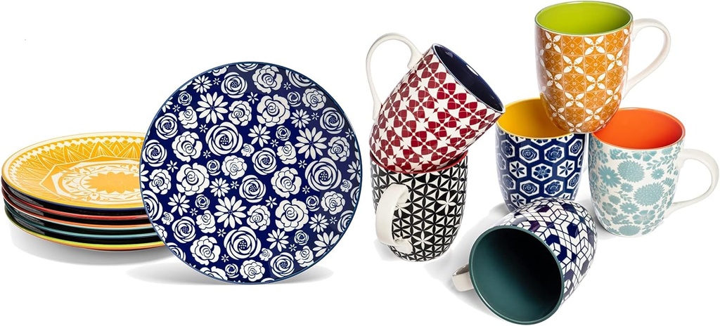 Annovero Coffee Mugs, Salad Plates | Kitchen Dishes for Eating | Microwave Oven Safe | Colorful Porcelain Dinnerware