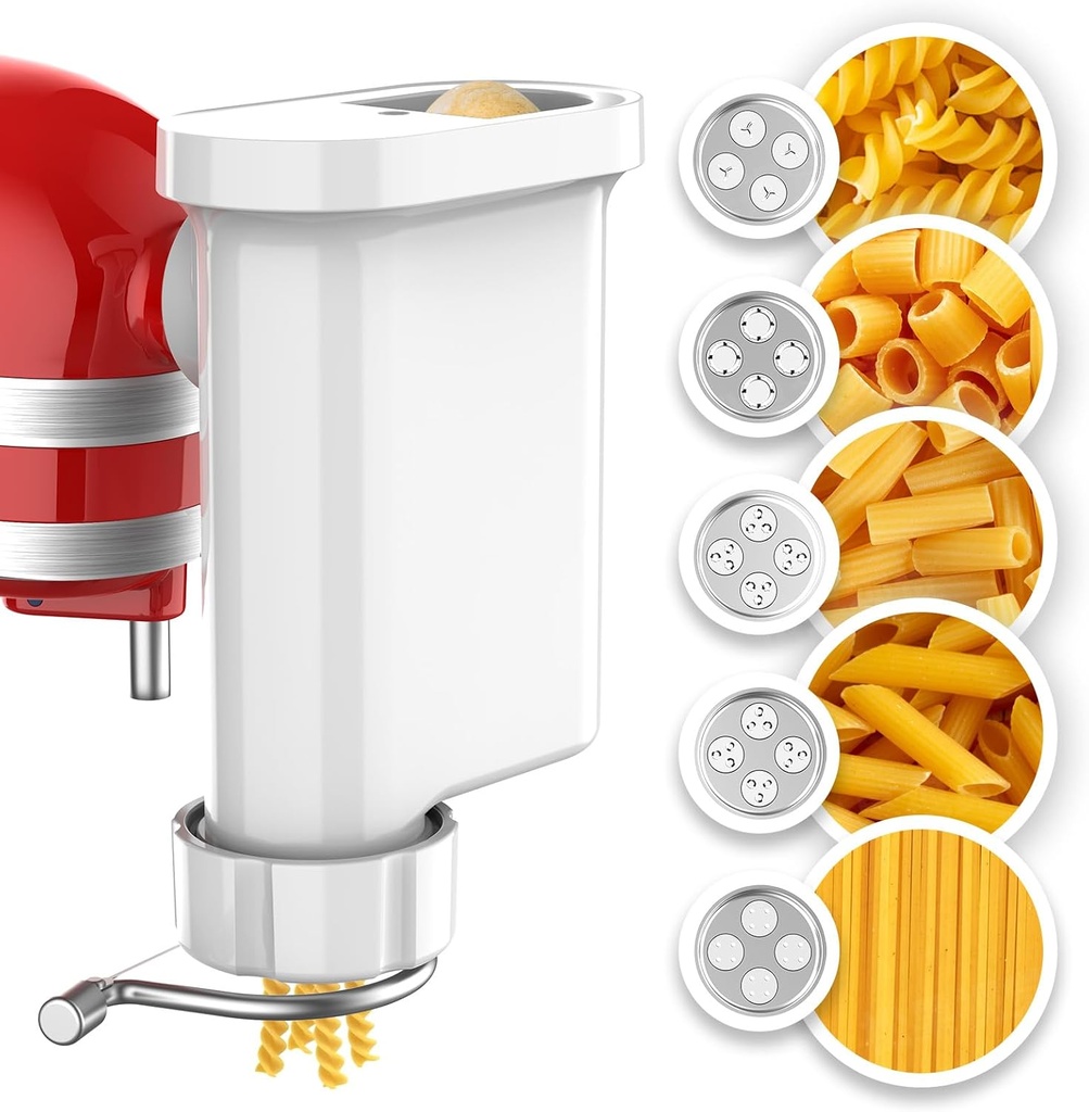 Pasta Attachment for Kitchenaid Stand Mixer, Gourmet Pasta Attachments for Kitchenaid Mixer With 5 Plates for Spaghetti, Bucatini, Fusilli, Macaroni, Pasta Maker Accessory By KassunKoch