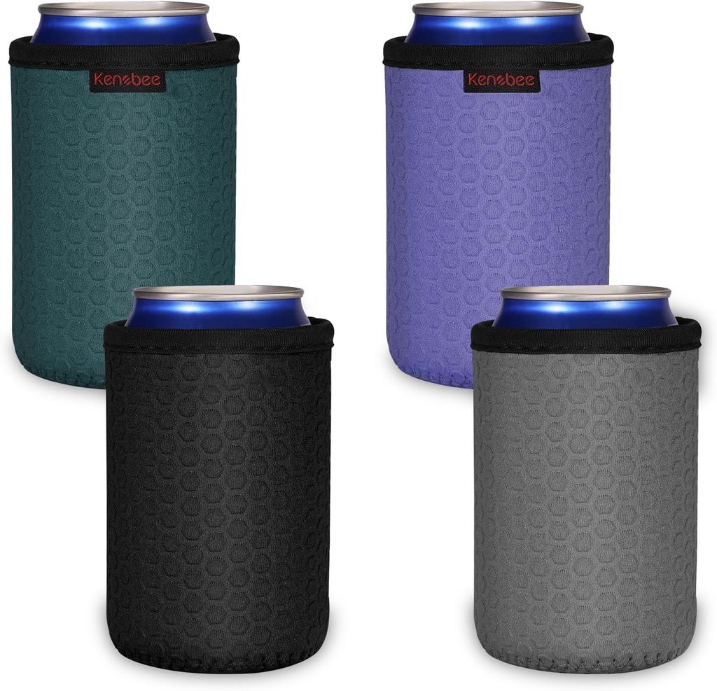 KENOBEE 4 Pack 12oz Standard Can Cooler Sleeves, Soft Insulated Reusable Non-slip Neoprene Coolier Drink Caddies Holder Covers for Hard Seltzer, Beer, Soda, Energy Drinks and Water Bottle