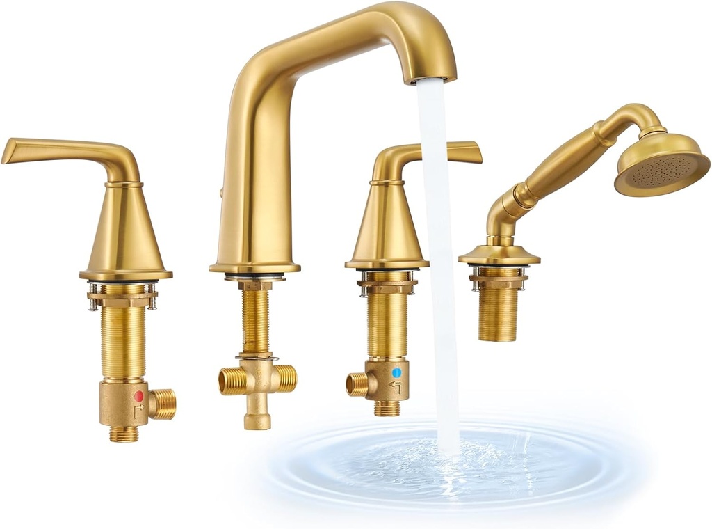 Roman Tub Faucet with Sprayer, Garden Tub Faucet with Valve, Brass 4 Hole 2 Handle, Widespread Deck Mount Tub Filler with Diverter, High Flow Bathtub Faucet with Hand Shower Brushed Gold