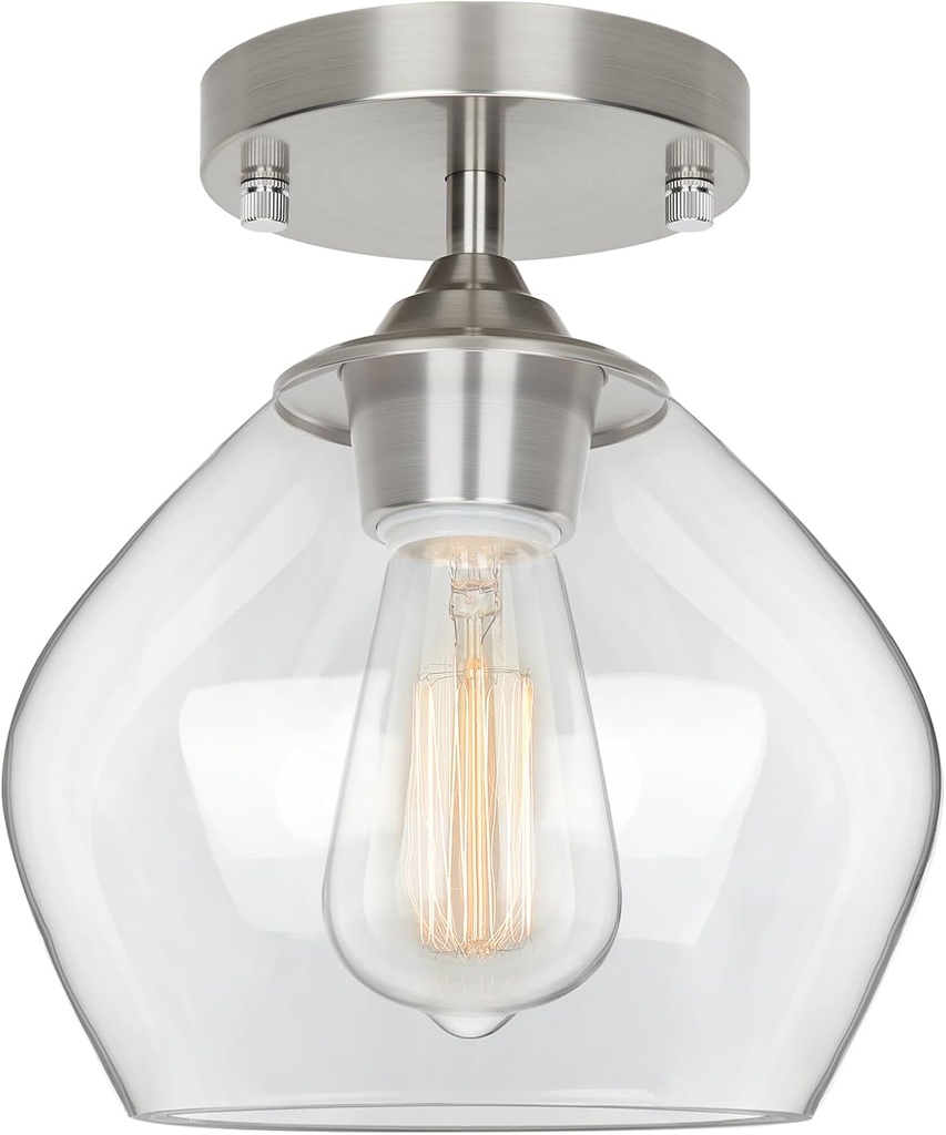 Modern Semi Flush Mount Ceiling Light with Clear Glass Shade, Industrial Close to Ceiling, Nickel Hanging Ceiling Light Fixture for Hallway, Bedroom, Dining Room, Entryway, Foyer