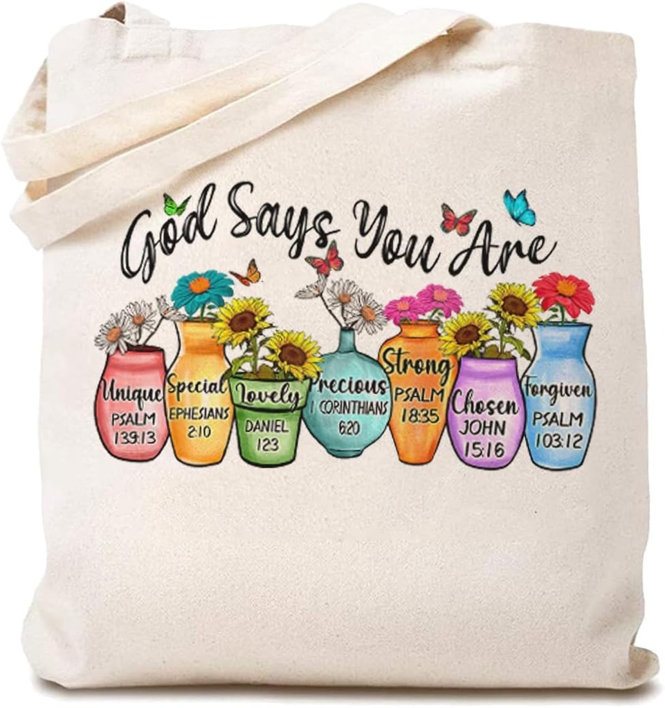 Christian Canvas Tote Bag for Women God Says You Are Unique Shopping Bag Eco-Friendly Bag Reusable Grocery Bag