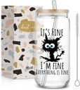 Funny Cat Cup Gifts for Women Coworker Teacher,Ice Coffee Glass Cup with Lid and Straw for Cat Mom,Easter Birthday Teacher's Day Gifts,It's Fine I'm Fine Everything is Fine-73