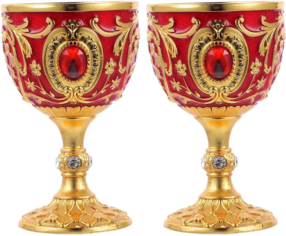 LUOZZY 2 Pcs Vintage Liquor Cup Embossed Wine Liquor Goblet Cocktail Whiskey Cup Small Liquor Cup (Gold Red)