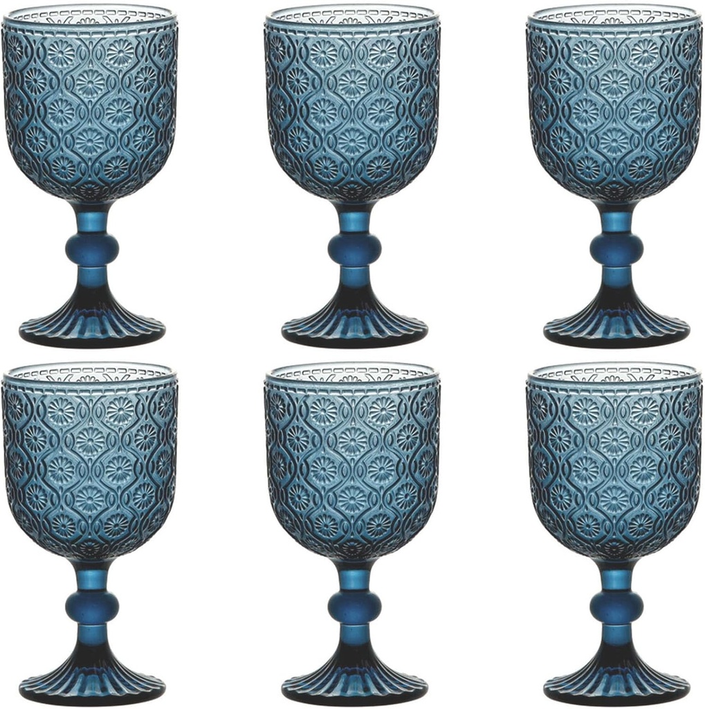 Blue Water Goblets Glassware Vintage Wine Glasses set of 6 Drinking Stemware 12 Ounces for Wedding Party Bar Floral Pattern 350 ml