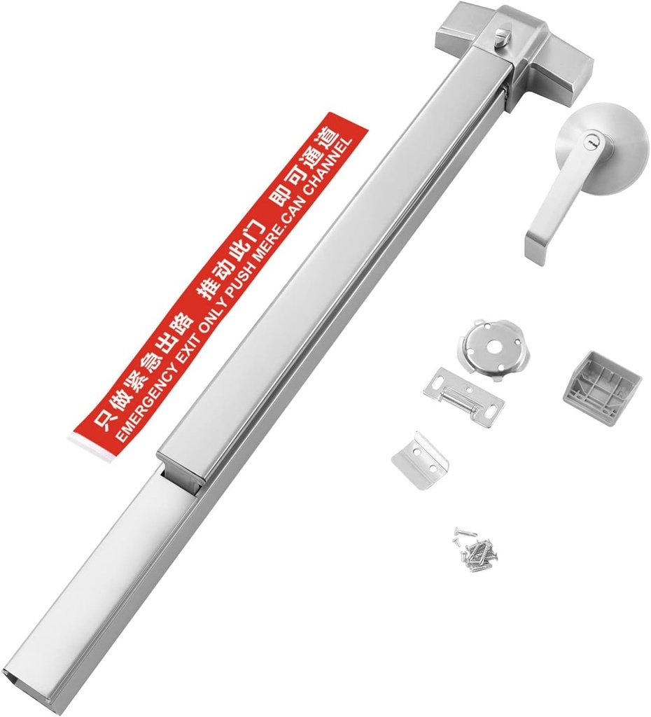 Panic Bar Exit Device Silver - Push Bar for Exit Doors & Exit Lever with Key - Commercial Emergency Exit Bar Panic Exit Device for Wood Metal Door Panic Exit Bar