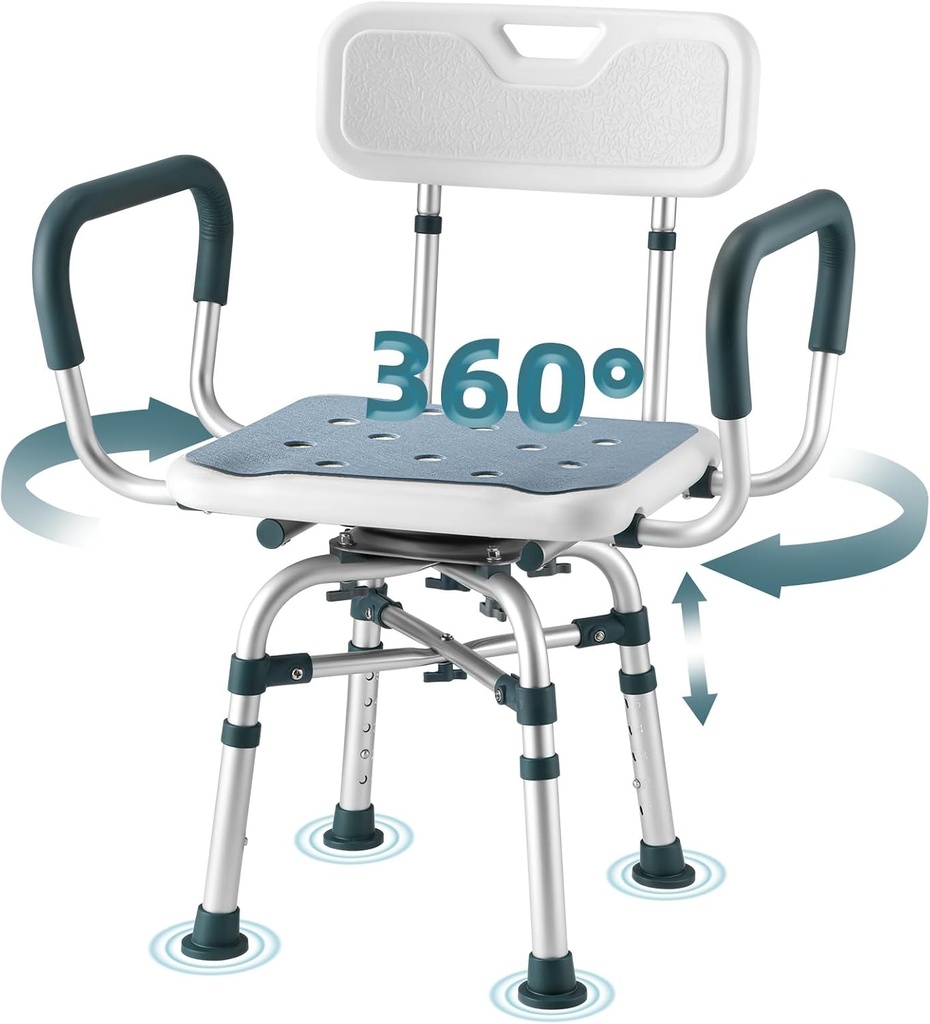 Swivel Shower Chair with Arms and Back, 500 lbs Heavy Duty Shower Seat for Inside Shower Stall and Bathtub, Height Adjustable Safety Bath Seat for Elderly, Adults, Handicap and Disabled